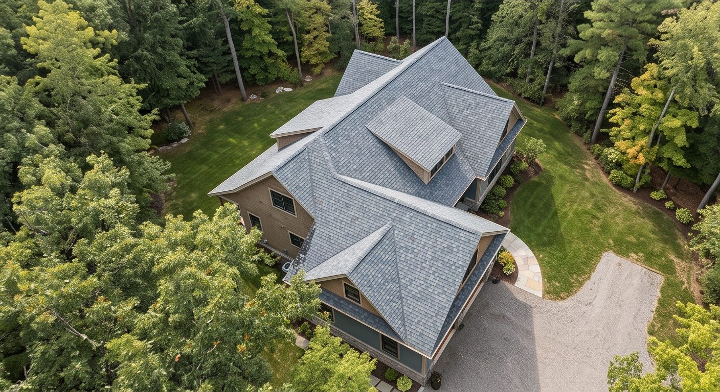 Aerial view of completed architectural shingle roof in Kirkwood, MO