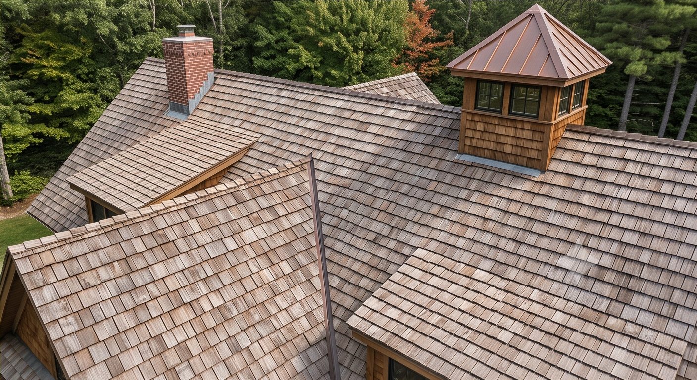 Close-up aerial detail of a cedar shake style shingle roof installed by Exterior STL