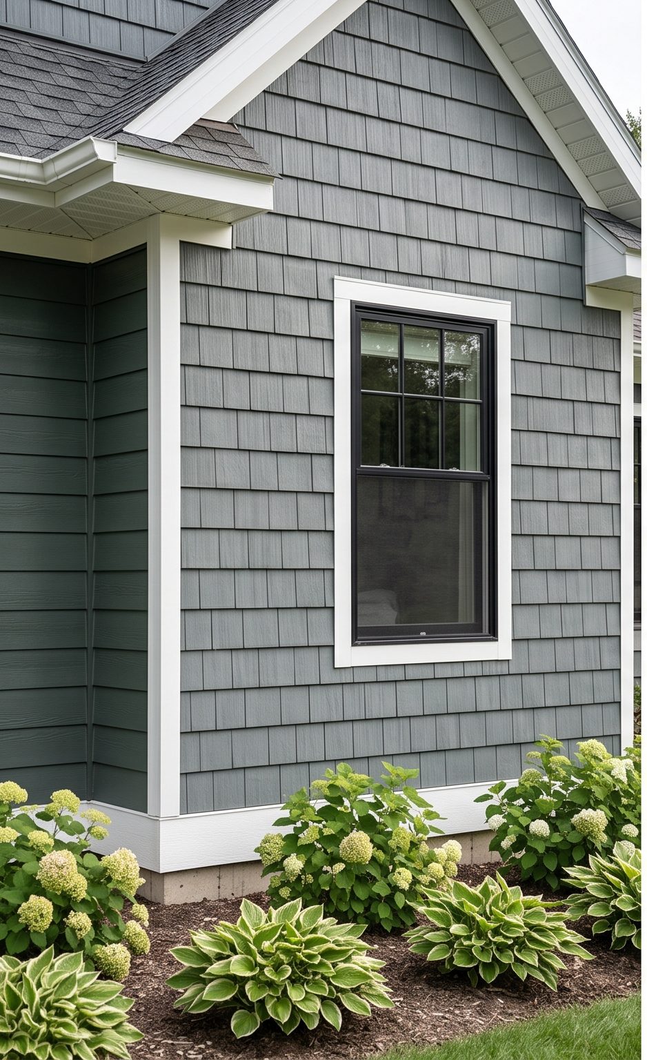 Close-up of shake-style siding and trim detail installed by Exterior STL